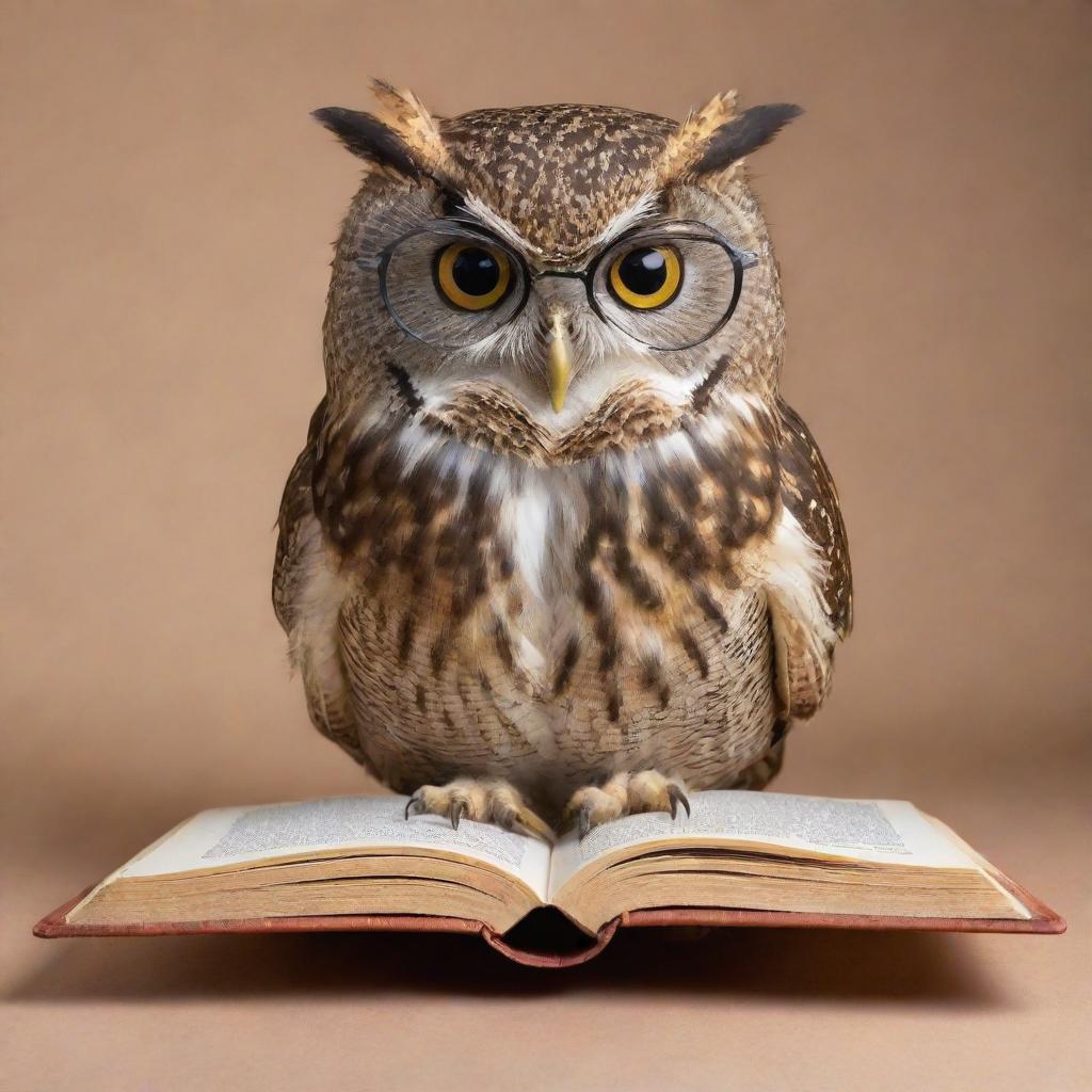 A scholarly owl with spectacles, engrossed in reading a thick book.