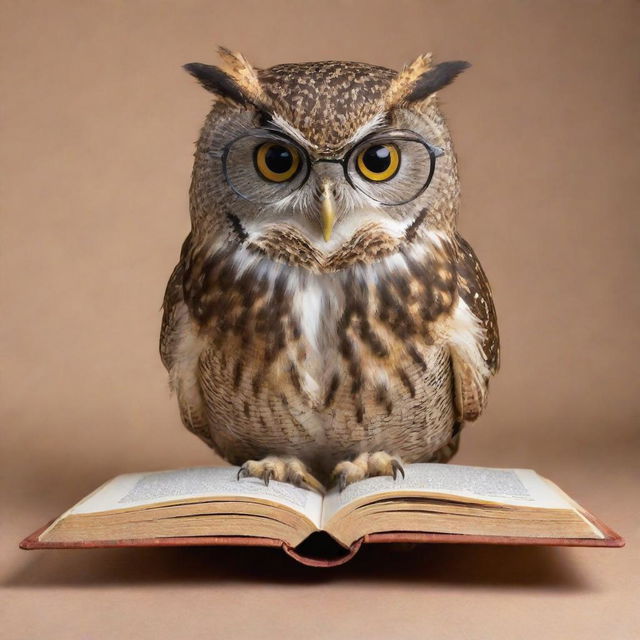 A scholarly owl with spectacles, engrossed in reading a thick book.