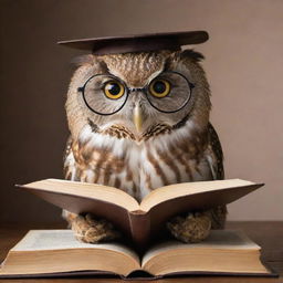 A scholarly owl with spectacles, engrossed in reading a thick book.