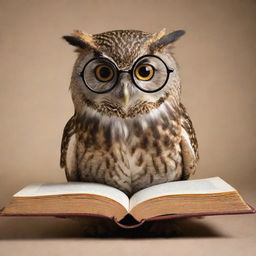 A scholarly owl with spectacles, engrossed in reading a thick book.