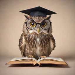 A scholarly owl with spectacles, engrossed in reading a thick book.