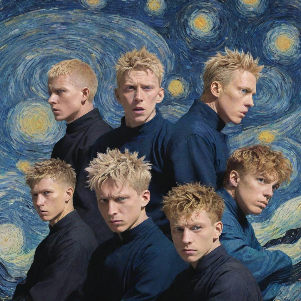 A Jujutsu Kaisen anime poster, rendered in the style of Vincent Van Gogh. The main characters, surrounded by swirling spiritual energy and curses, rendered with the thick, turbulent brush strokes characteristic of Van Gogh's Starry Night.