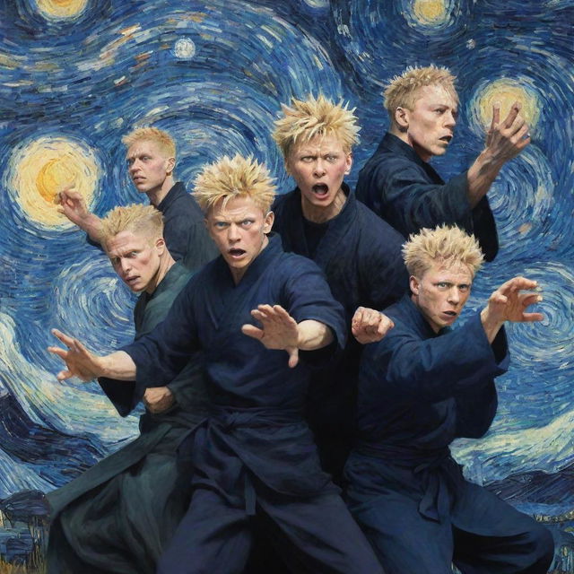 A Jujutsu Kaisen anime poster, rendered in the style of Vincent Van Gogh. The main characters, surrounded by swirling spiritual energy and curses, rendered with the thick, turbulent brush strokes characteristic of Van Gogh's Starry Night.