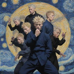 A Jujutsu Kaisen anime poster, rendered in the style of Vincent Van Gogh. The main characters, surrounded by swirling spiritual energy and curses, rendered with the thick, turbulent brush strokes characteristic of Van Gogh's Starry Night.