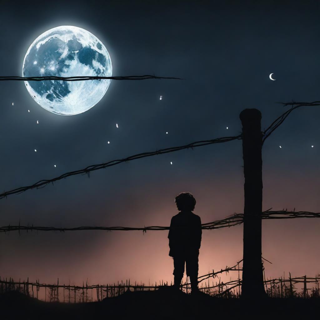 This is a high-quality digital art piece that portrays a little boy standing alone on one side of a barbed wire fence under the moonlit night sky