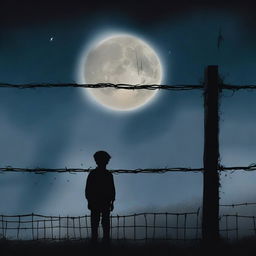 This is a high-quality digital art piece that portrays a little boy standing alone on one side of a barbed wire fence under the moonlit night sky