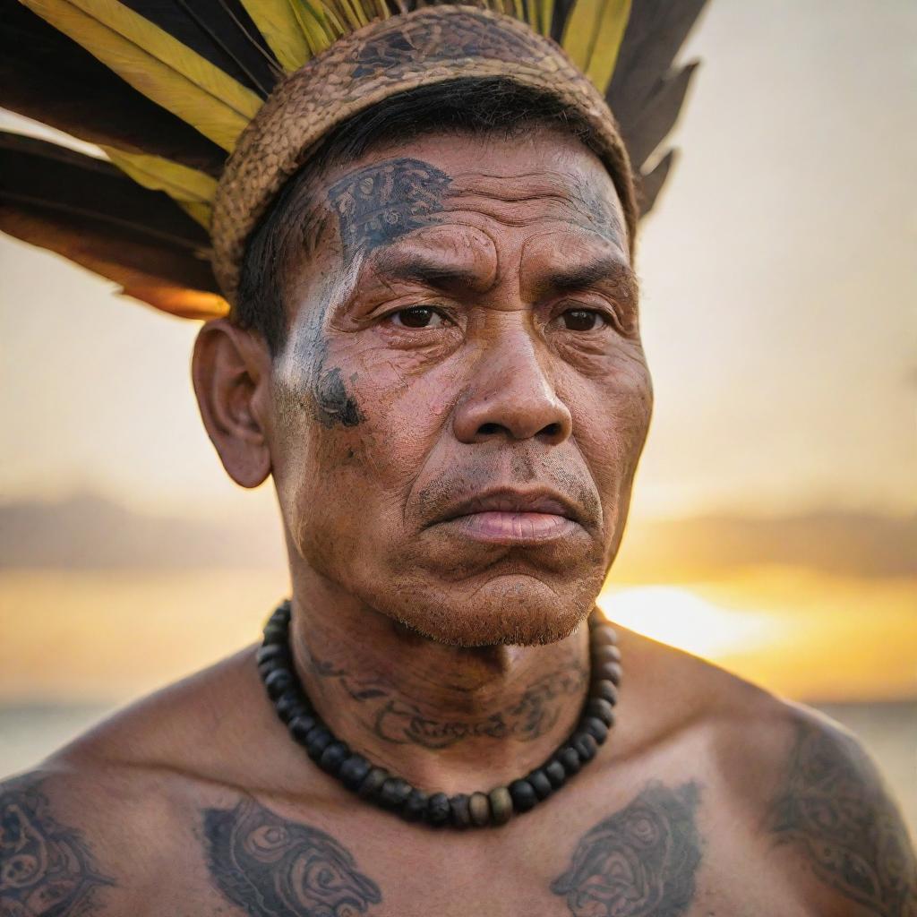 A close-up portrait of Datu Lapu Lapu, adorned with intricate tribal tattoos. His fierce gaze is in focus, reflecting untamed intensity and determination. The setting sun of Mactan Island highlights his features, intensifying the charisma of this proud warrior.