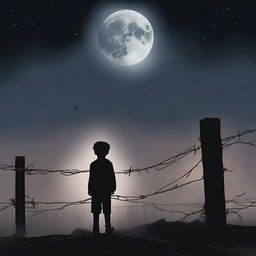 This is a high-quality digital art piece that portrays a little boy standing alone on one side of a barbed wire fence under the moonlit night sky