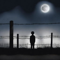 This is a high-quality digital art piece that portrays a little boy standing alone on one side of a barbed wire fence under the moonlit night sky