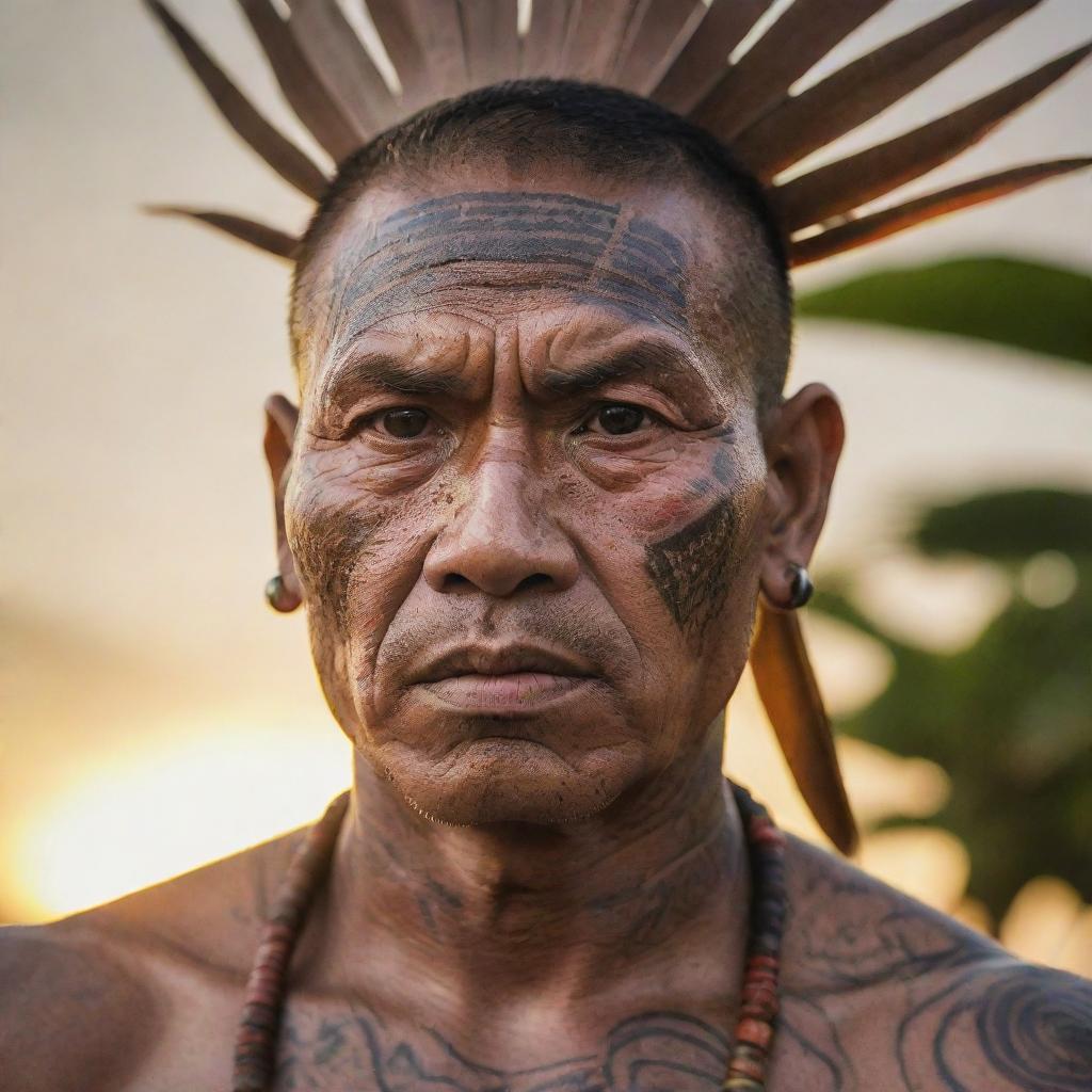 A close-up portrait of Datu Lapu Lapu, adorned with intricate tribal tattoos. His fierce gaze is in focus, reflecting untamed intensity and determination. The setting sun of Mactan Island highlights his features, intensifying the charisma of this proud warrior.