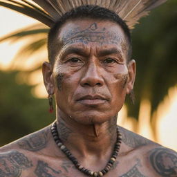 A close-up portrait of Datu Lapu Lapu, adorned with intricate tribal tattoos. His fierce gaze is in focus, reflecting untamed intensity and determination. The setting sun of Mactan Island highlights his features, intensifying the charisma of this proud warrior.