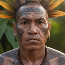 A close-up portrait of Datu Lapu Lapu, adorned with intricate tribal tattoos. His fierce gaze is in focus, reflecting untamed intensity and determination. The setting sun of Mactan Island highlights his features, intensifying the charisma of this proud warrior.