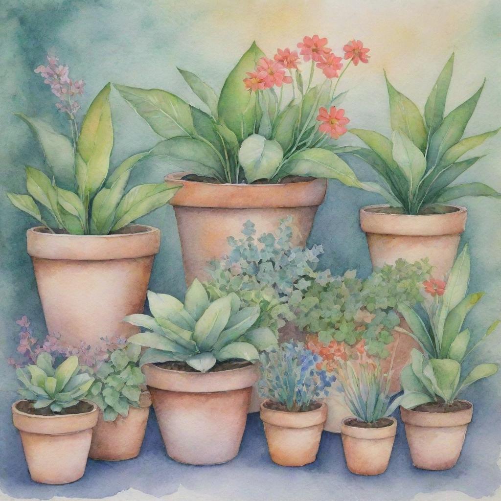 Watercolor pastel garden filled with various plants and flower pots, showcasing watercolor-like texture.