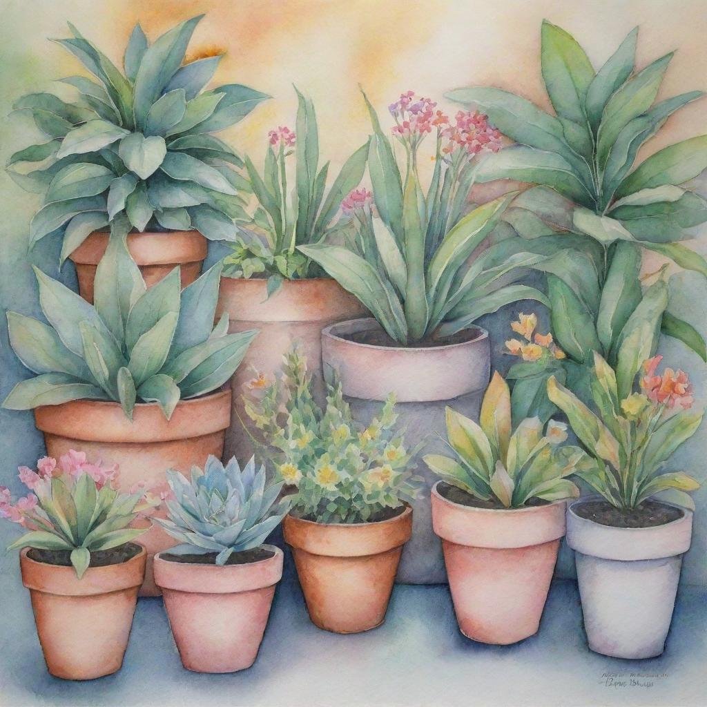 Watercolor pastel garden filled with various plants and flower pots, showcasing watercolor-like texture.