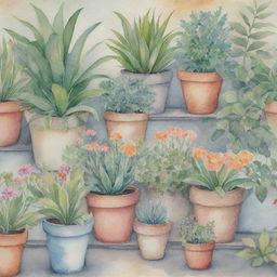 Watercolor pastel garden filled with various plants and flower pots, showcasing watercolor-like texture.