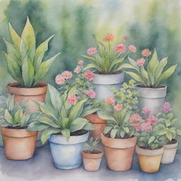 Watercolor pastel garden filled with various plants and flower pots, showcasing watercolor-like texture.