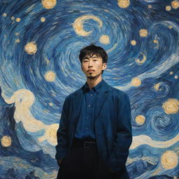 A Solo Leveling anime poster interpreted in the style of Vincent Van Gogh. Protagonist Jin-Woo is in the center, surrounded by mystical creatures and swirling energies, painted with thick, expressive brush strokes reminiscent of Starry Night.