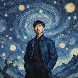 A Solo Leveling anime poster interpreted in the style of Vincent Van Gogh. Protagonist Jin-Woo is in the center, surrounded by mystical creatures and swirling energies, painted with thick, expressive brush strokes reminiscent of Starry Night.