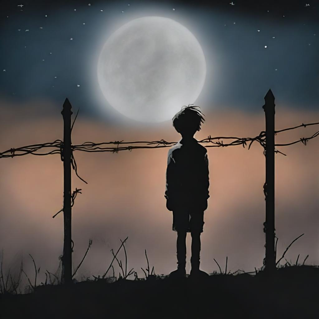 This high-quality digital art depicts a little boy standing alone on one side of a barbed wire fence under a moonlit night sky