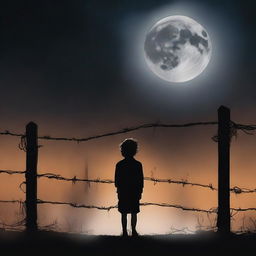 This high-quality digital art depicts a little boy standing alone on one side of a barbed wire fence under a moonlit night sky