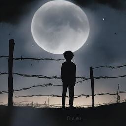 This high-quality digital art depicts a little boy standing alone on one side of a barbed wire fence under a moonlit night sky