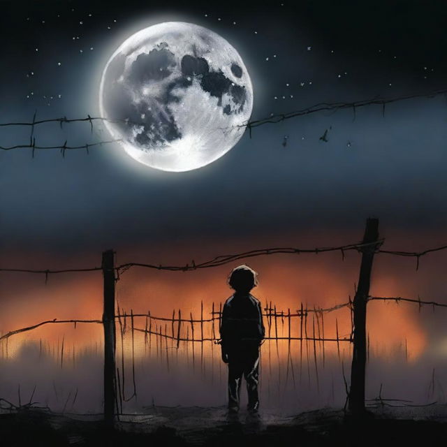 This high-quality digital art depicts a little boy standing alone on one side of a barbed wire fence under a moonlit night sky