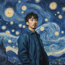 A Solo Leveling anime poster interpreted in the style of Vincent Van Gogh. Protagonist Jin-Woo is in the center, surrounded by mystical creatures and swirling energies, painted with thick, expressive brush strokes reminiscent of Starry Night.