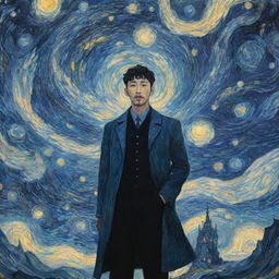 A Solo Leveling anime poster interpreted in the style of Vincent Van Gogh. Protagonist Jin-Woo is in the center, surrounded by mystical creatures and swirling energies, painted with thick, expressive brush strokes reminiscent of Starry Night.