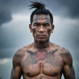 A powerful image of a battle-worn Datu Lapu Lapu, skin inked with intricate tattoos and marked with splatters of blood. His fierce and unyielding gaze piercing through the mist of battle under the darkening skies of Mactan island.