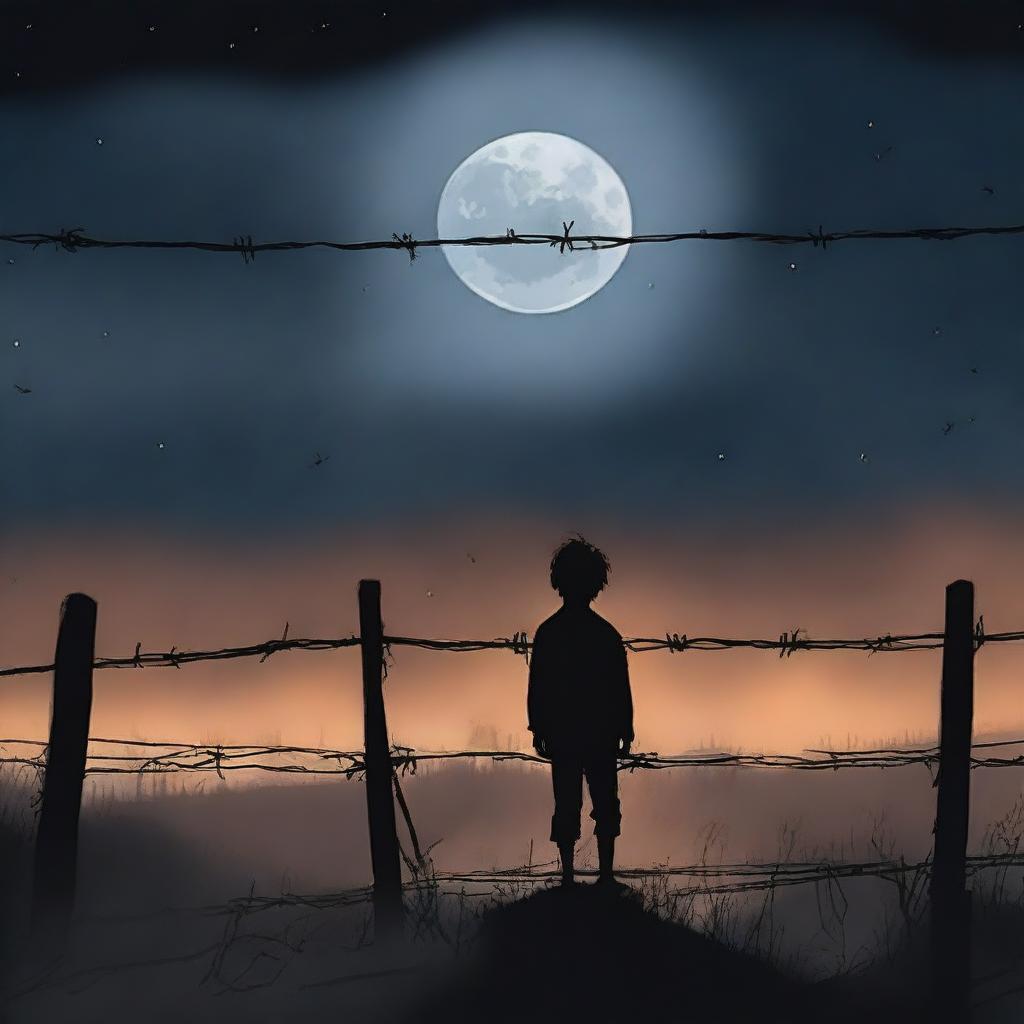 This is a high-quality digital art piece that portrays a little boy standing alone on one side of a barbed wire fence under the moonlit night sky