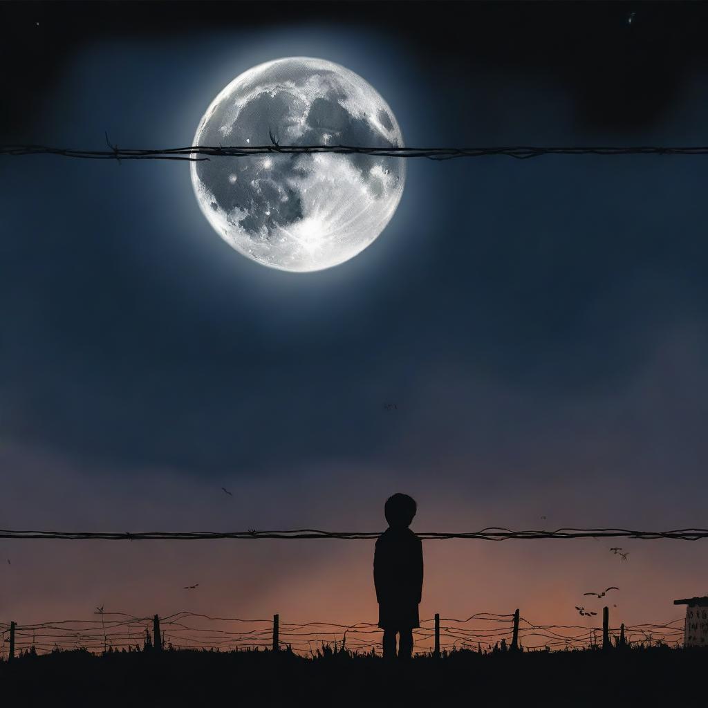 This is a high-quality digital art piece that portrays a little boy standing alone on one side of a barbed wire fence under the moonlit night sky