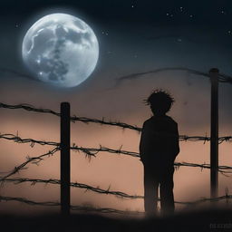 This is a high-quality digital art piece that portrays a little boy standing alone on one side of a barbed wire fence under the moonlit night sky