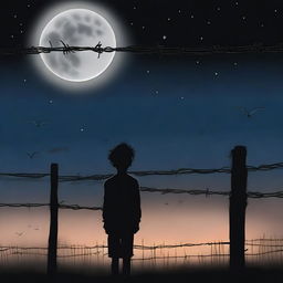 This is a high-quality digital art piece that portrays a little boy standing alone on one side of a barbed wire fence under the moonlit night sky