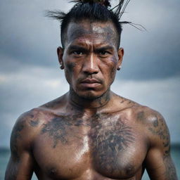 A powerful image of a battle-worn Datu Lapu Lapu, skin inked with intricate tattoos and marked with splatters of blood. His fierce and unyielding gaze piercing through the mist of battle under the darkening skies of Mactan island.