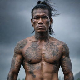 A powerful image of a battle-worn Datu Lapu Lapu, skin inked with intricate tattoos and marked with splatters of blood. His fierce and unyielding gaze piercing through the mist of battle under the darkening skies of Mactan island.