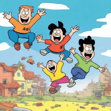 The cartoon depicted a ridiculous scenario where the characters defied gravity and performed wacky stunts.