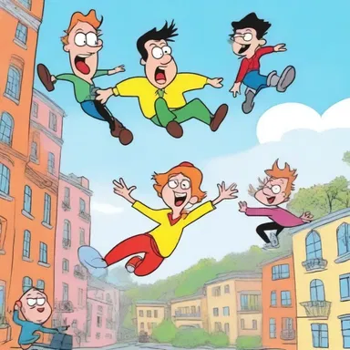 The cartoon depicted a ridiculous scenario where the characters defied gravity and performed wacky stunts.