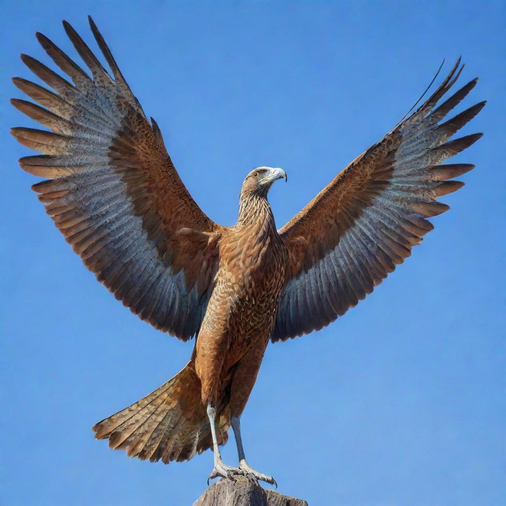 A colossal bird with detailed, intricate feathers stretching its wings across a vivid blue sky.