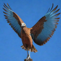 A colossal bird with detailed, intricate feathers stretching its wings across a vivid blue sky.