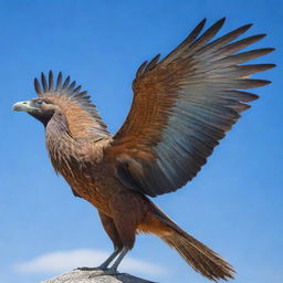 A colossal bird with detailed, intricate feathers stretching its wings across a vivid blue sky.