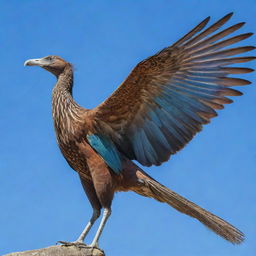 A colossal bird with detailed, intricate feathers stretching its wings across a vivid blue sky.