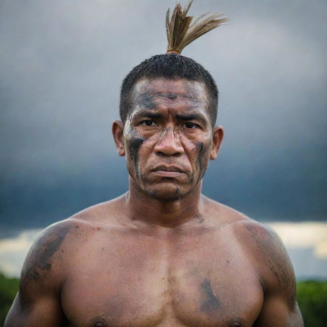 An intense portrait of Datu Lapu Lapu, body marked with tribal tattoos and splatters of combat's residue. His fierce gaze is in sharp focus while the tumultuous Battle of Mactan rages on in the blurred background, under the brooding Mactan sky.