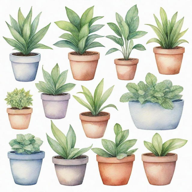 A collection of various garden plants and pots individually depicted in detailed watercolor style, set against a pure white background.