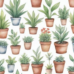 A collection of various garden plants and pots individually depicted in detailed watercolor style, set against a pure white background.