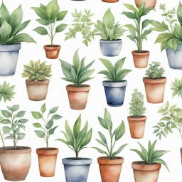 A collection of various garden plants and pots individually depicted in detailed watercolor style, set against a pure white background.