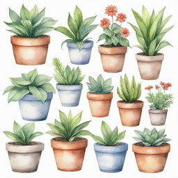 A collection of various garden plants and pots individually depicted in detailed watercolor style, set against a pure white background.