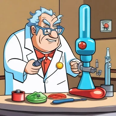 In the cartoon show, the mad scientist uses his ray gun to perform a dissection on different objects, turning them into smaller pieces.