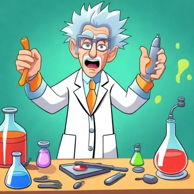 In the cartoon show, the mad scientist uses his ray gun to perform a dissection on different objects, turning them into smaller pieces.