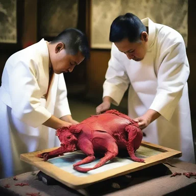During the ancient ritual, priests perform a dissection of the sacred animal, offering its separated pieces as a tribute to the gods.