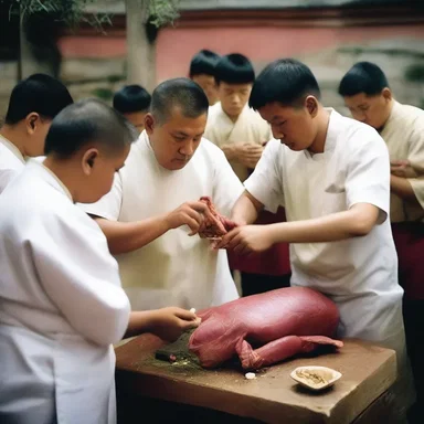 During the ancient ritual, priests perform a dissection of the sacred animal, offering its separated pieces as a tribute to the gods.